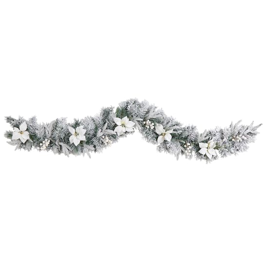 6ft. Pre-Lit LED Flocked Poinsettia & Berry Christmas Garland